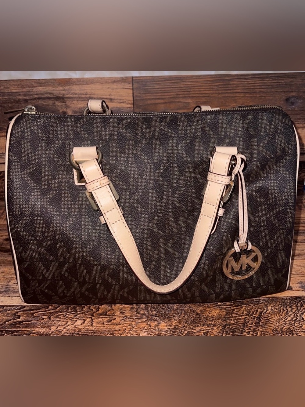 Michael Kors Brown MK Logo Tote with Cream Handles